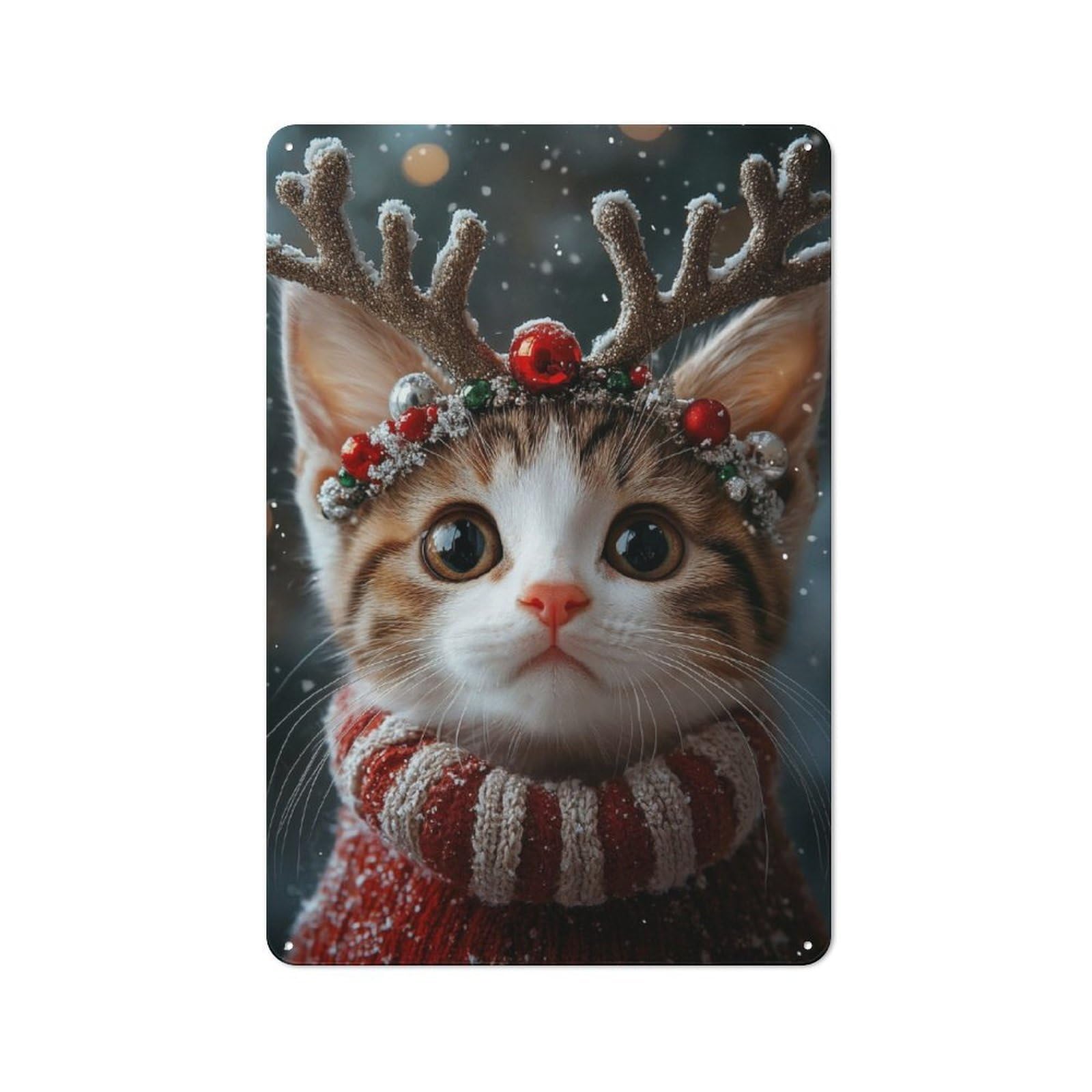 Junmoney Christmas Cat With Reindeer Antlers Nostalgic Metal Wall Sign 30X20cm, Bar Wall Plaque For Pub, Home Bar, Shed Or Man Cave
