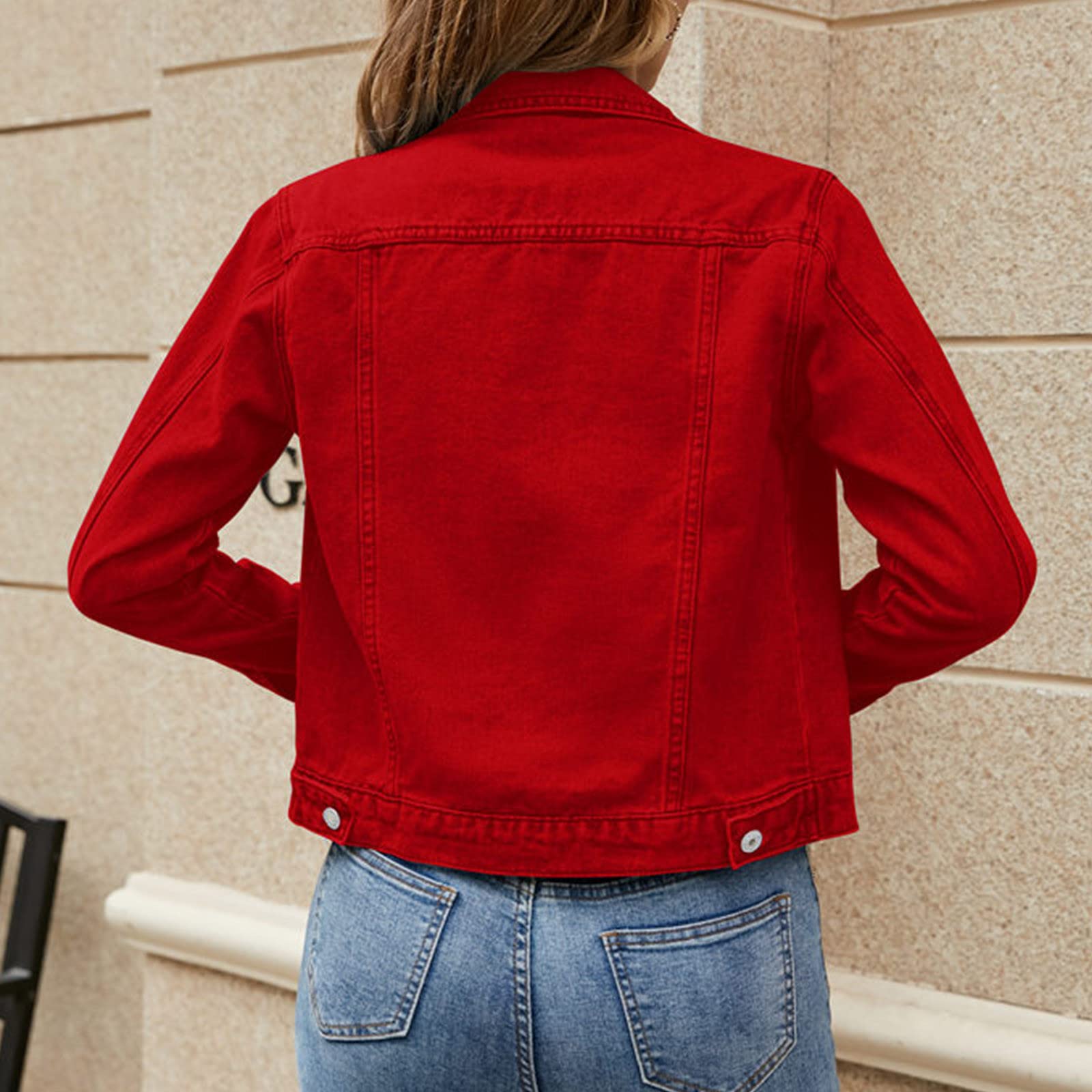 Veste en jean pour femme - Vintage - Veste en jean - Automne - Veste courte de transition avec bouton - Casual Revers Kura