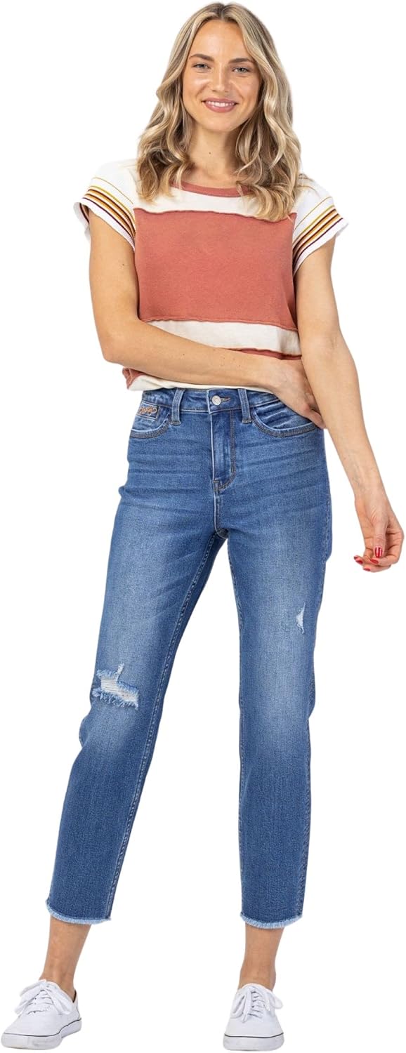 Judy Blue Women's High-Rise Howdy Embroidery Boyfriend Jeans with Side Seam Stitch