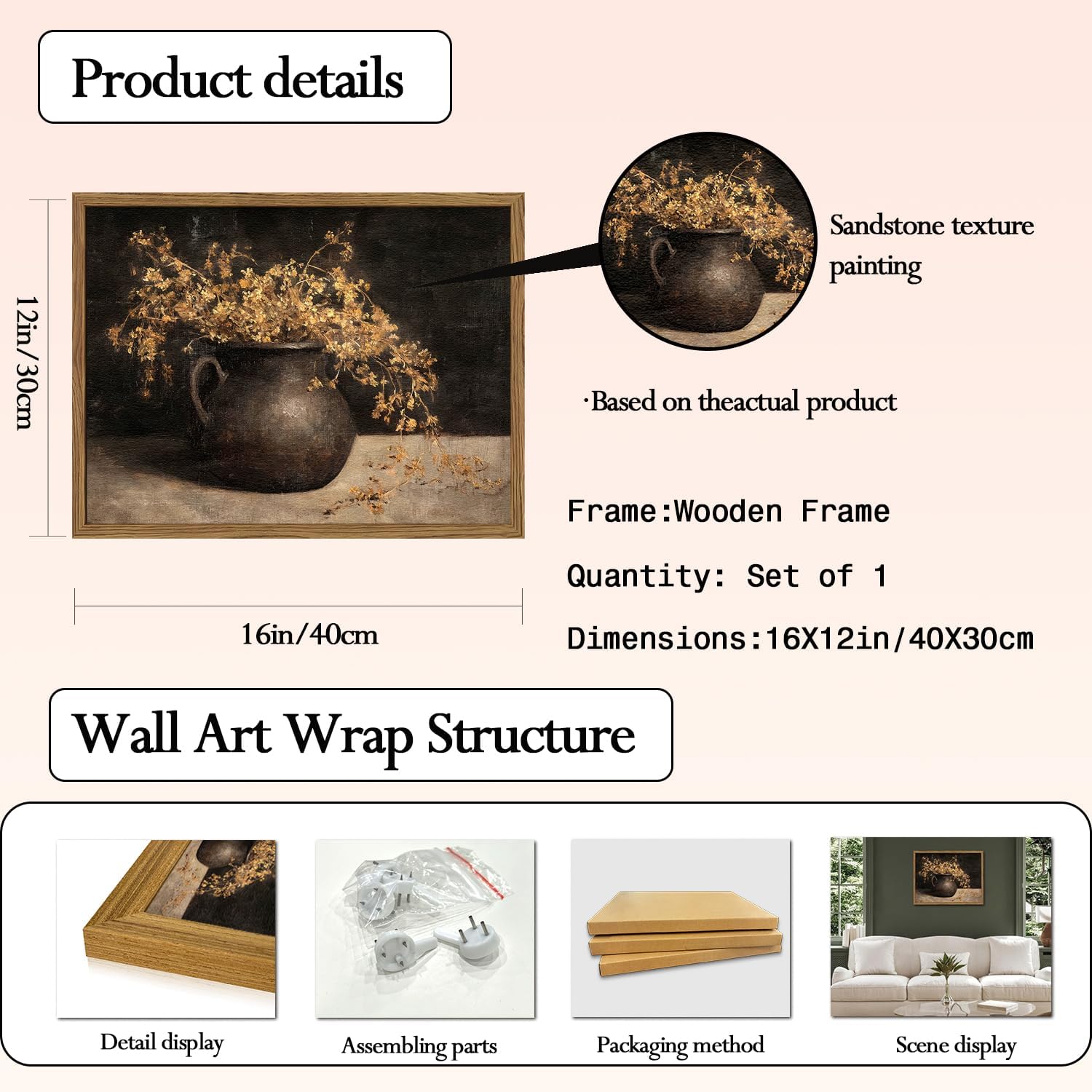 Framed Vintage Floral Wall Art, 3D Textured Sandstone Dark Still Life Flowers Wall Decor Paintings, Rustic Botanical Pictures Prints Aesthetic Home Decor for Living Room Bedroom 12x16 inch