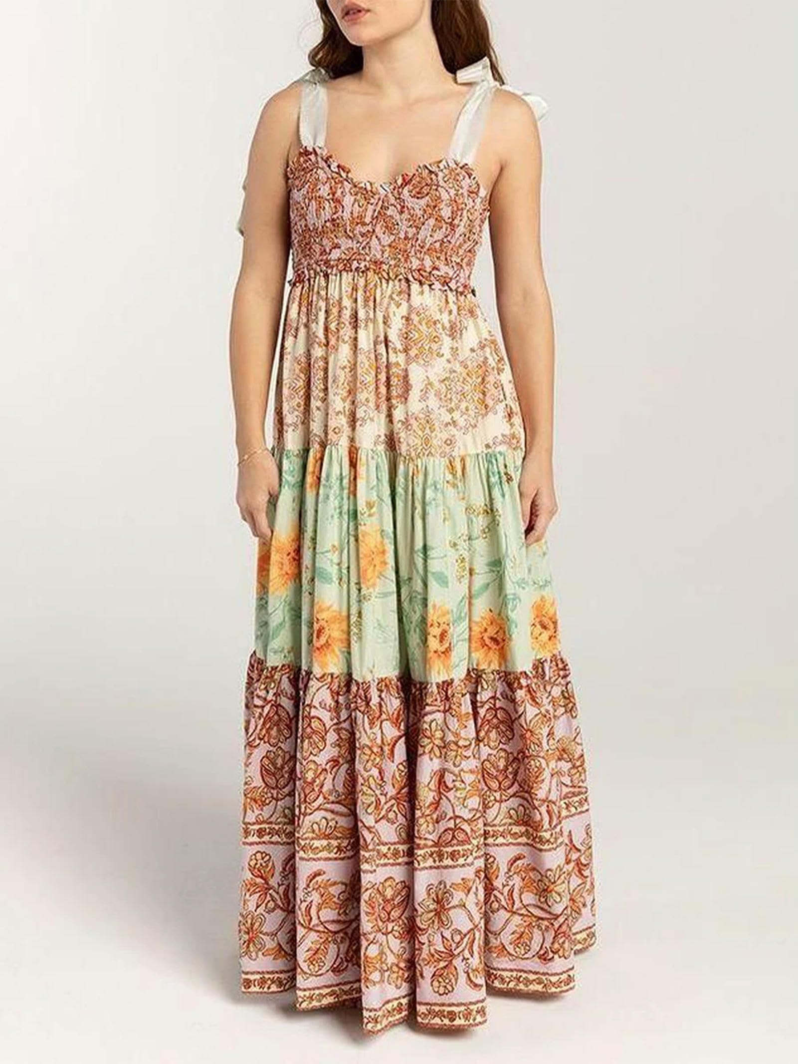 Robe Longue d'été pour Femmes, Bretelles à Nouer, col en V, imprimé Floral, Patchwork, Robe d'été Fluide à Plusieurs Niveaux, Rouge, S