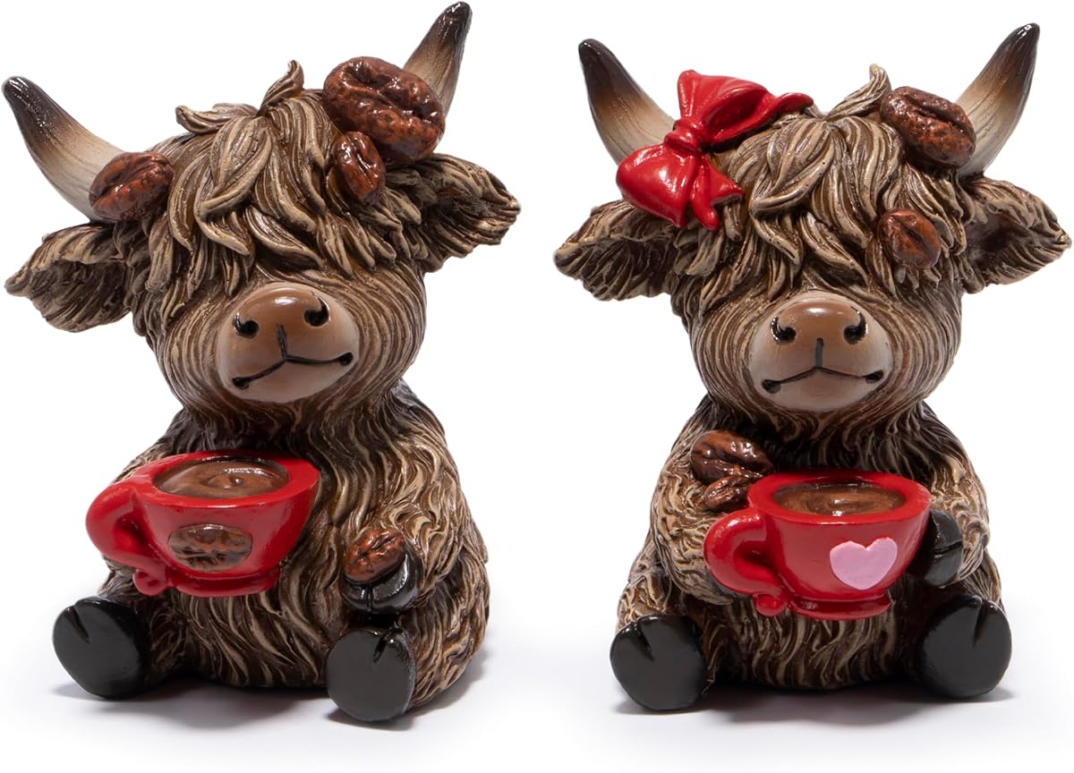 Hodao Figuras navideñas de resina de café de vaca de las tierras altas, decoración de granja de Navidad para bandeja escalonada, mesa, repisa, regalo para decoración del hogar de Navidad