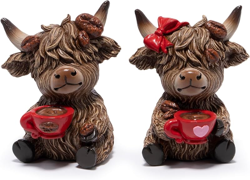 Hodao Figuras navideñas de resina de café de vaca de las tierras altas, decoración de granja de Navidad para bandeja escalonada, mesa, repisa, regalo para decoración del hogar de Navidad