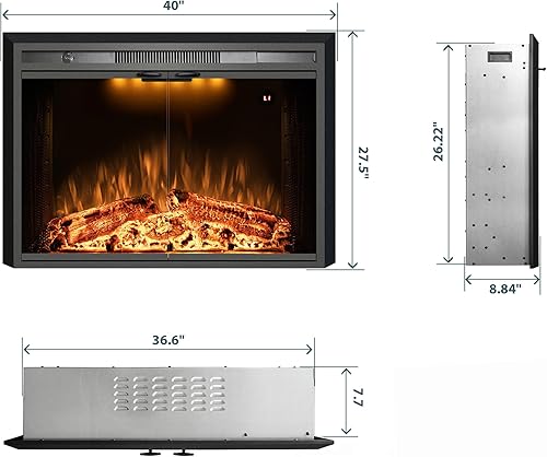 Miniatura 3 de Benrocks Insertos de chimenea eléctrica de 40 pulgadas con puerta de vidrio, calentador de chimenea eléctrico con sonido crepitante de fuego, luz