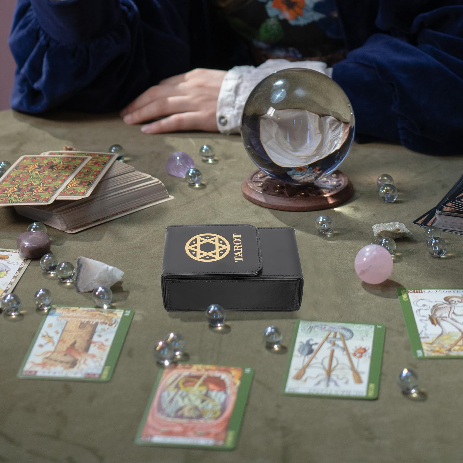 Estuche Rectangular Portátil de Pu para Cartas de Tarot Tapa Sellada, Caja Organizadora Negra para Almacenar Cartas de Forma Segura