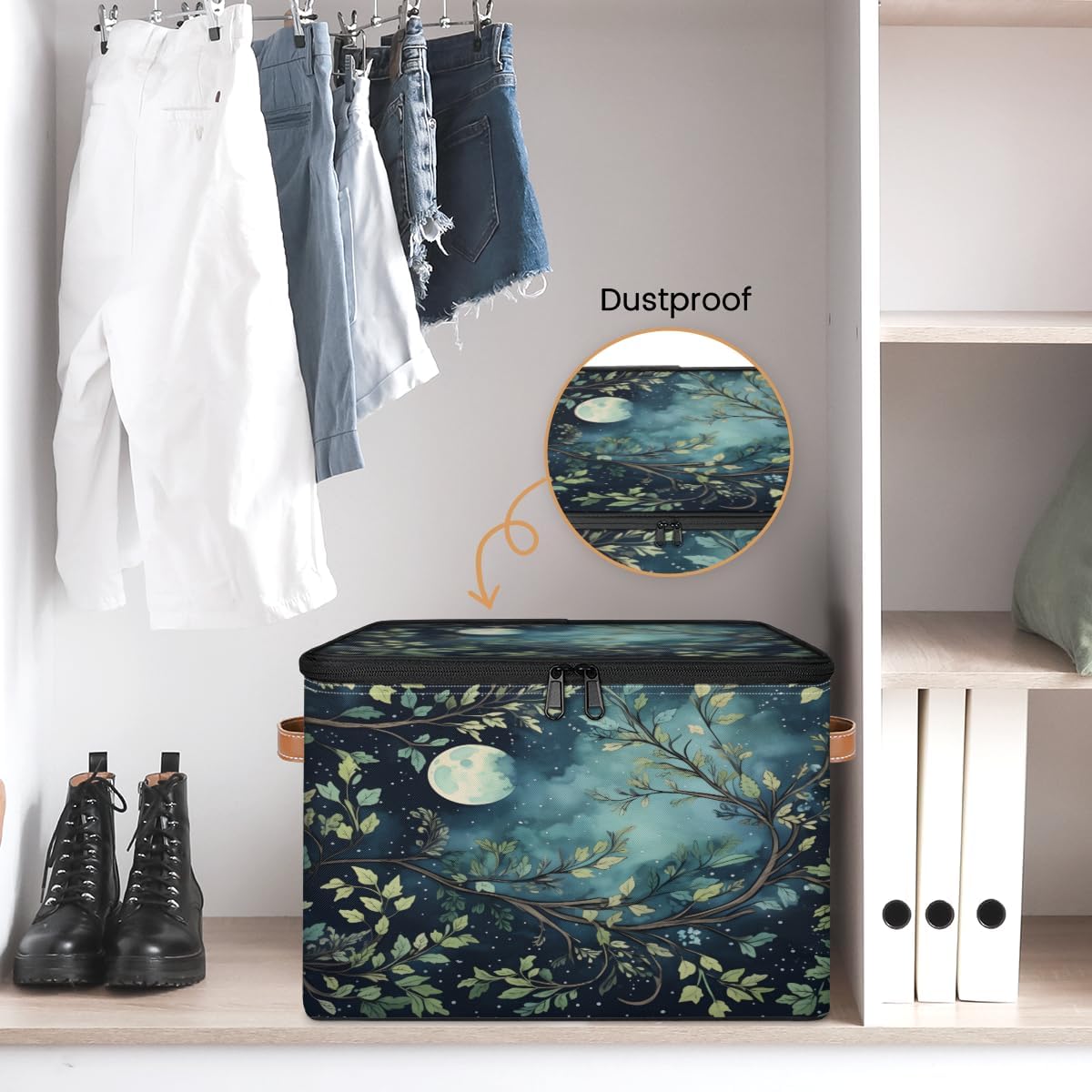 Storage Bin Set of 2 Moon Leaves Storage Basket with Zipper Lid & Handle Foldable Closet Shelf 2 Pack Cloth Organizer Basket Cube Bins Clothes Organizer for Bedroom, Nursery