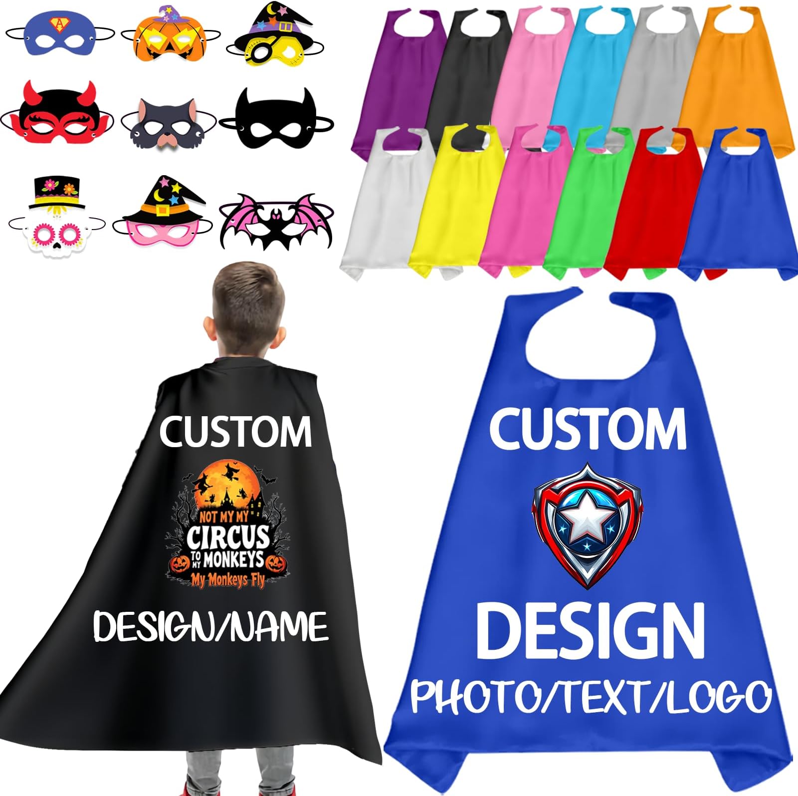 Custom Capes ＆ Masks Personalized Halloween Cosplay Costumes and Dress Up with Name Logo Customized Party Gift