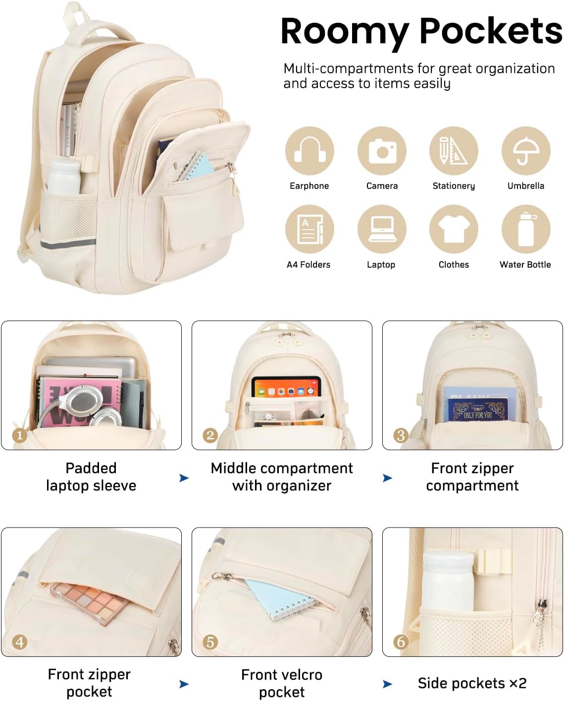 Cute Teen Girls Backpack, Big Student School Backpack Laptop Bookbag for College Women Aesthetic Middle High School Bag, Mochilas Escolares, Beige - Image 2