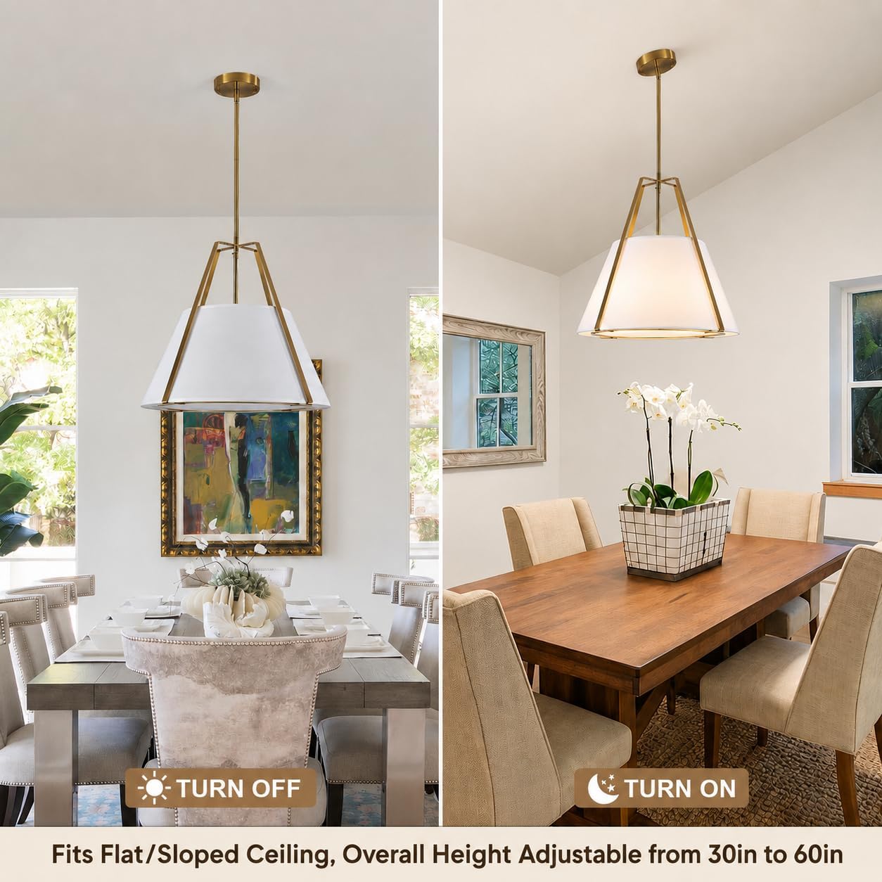 18 Inch Large Modern Pendant Light with White Fabric Shade, 3-Light Drum Pendant Lighting Brushed Gold Chandelier for Kitchen Island, Dining Room, Foyer, Bedroom