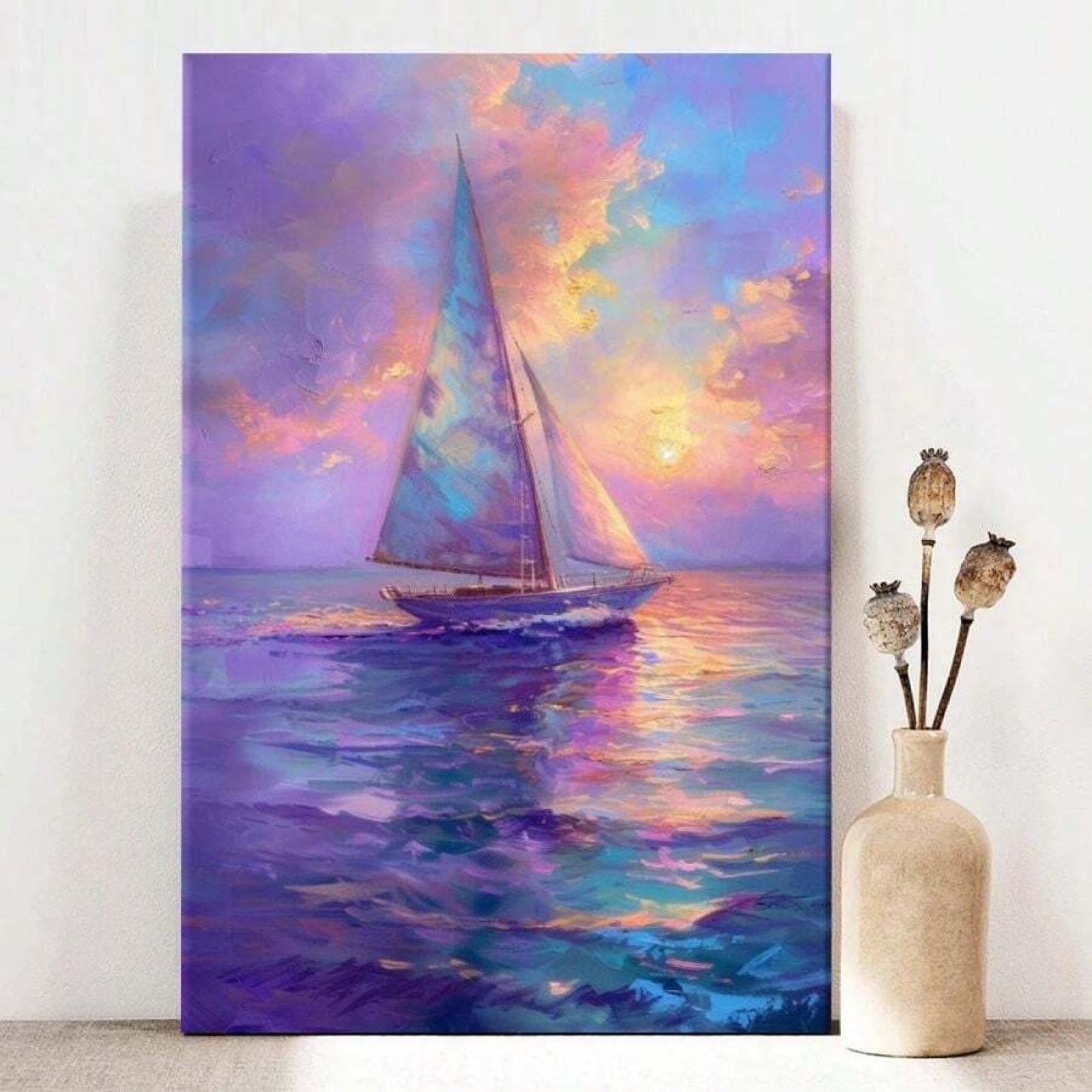 XBTYKPB Sailing Boat Sunset, Dreamy Colors, Impressionist Style Art Print Canvas Poster Painting Wall Decor, Bedroom Hallway Dorm 21x30cm Withframe