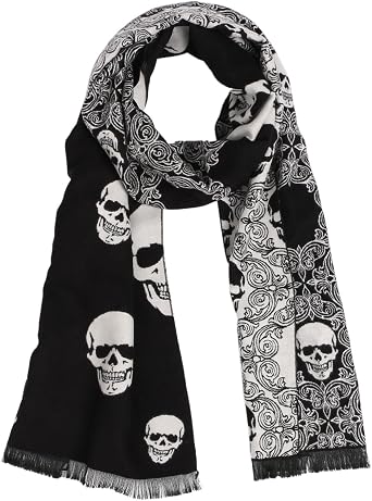 Landisun Skull Scarf Shawl for Women Men, Soft Long Classic Tassel | Ultra soft fabric,Edgy gothic style,Versatile for outfits,Long Design