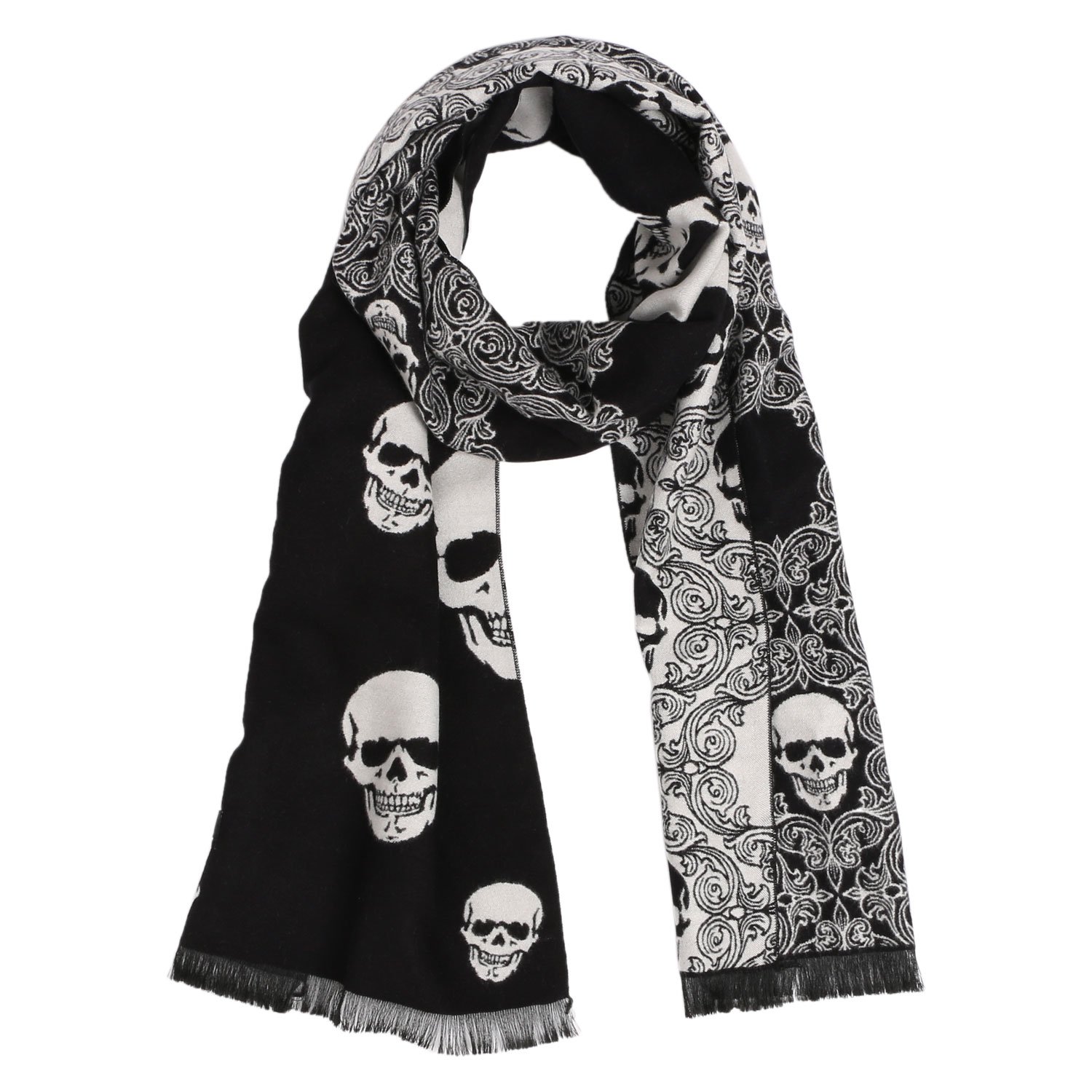 Landisun Skull Scarf Shawl Soft Long Elegant Classical Tassels (Black White)