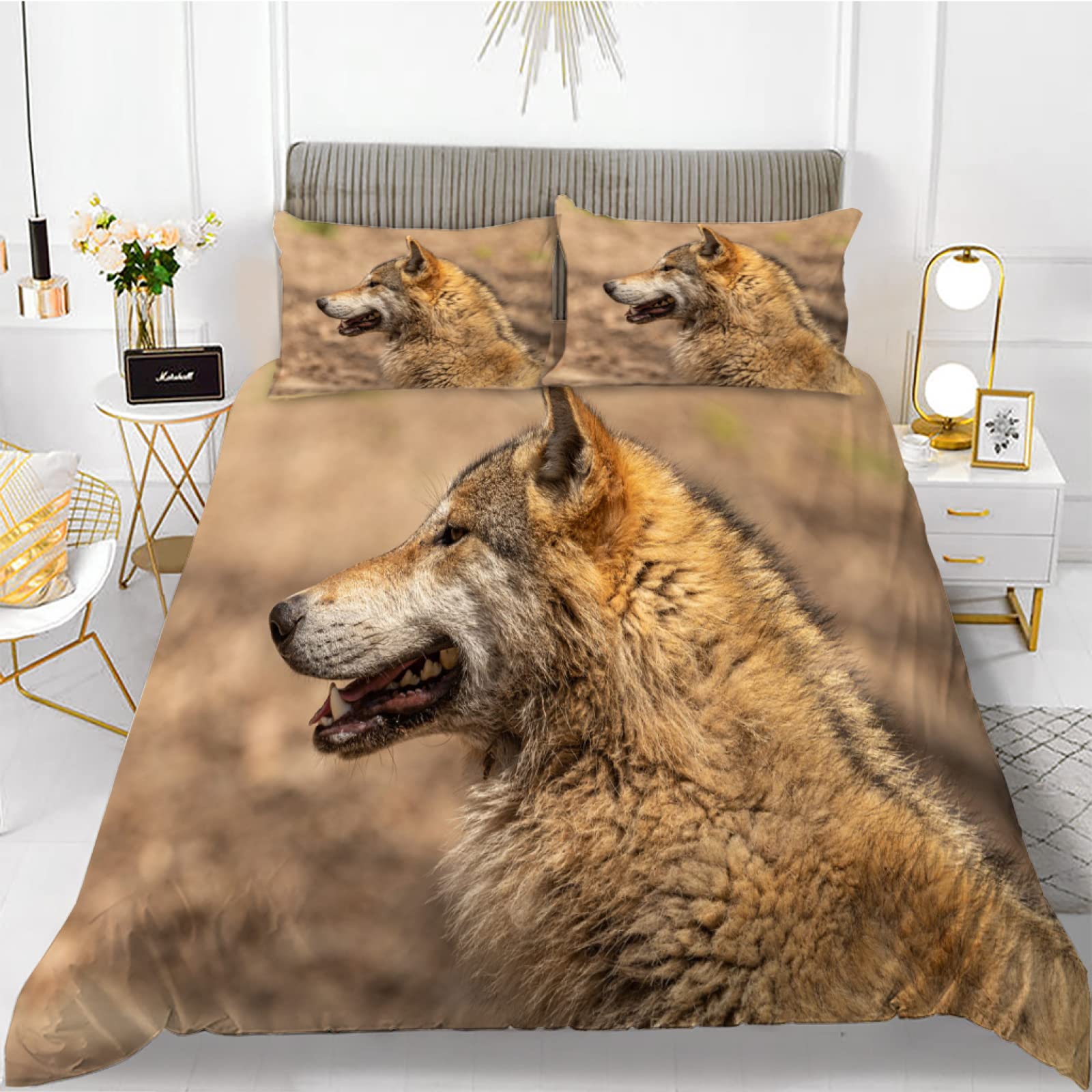 Housse de couette 160x200 loup jaune parure de lit microfibre avec 2 taies d'oreiller pour ado enfant