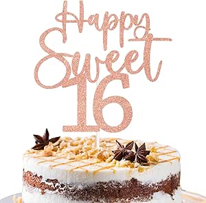 Decorazione per Torta 16° Compleanno in Oro Rosa - Happy Birthday Glitter Cake Topper per Ragazzo e Ragazza - 16 Anni