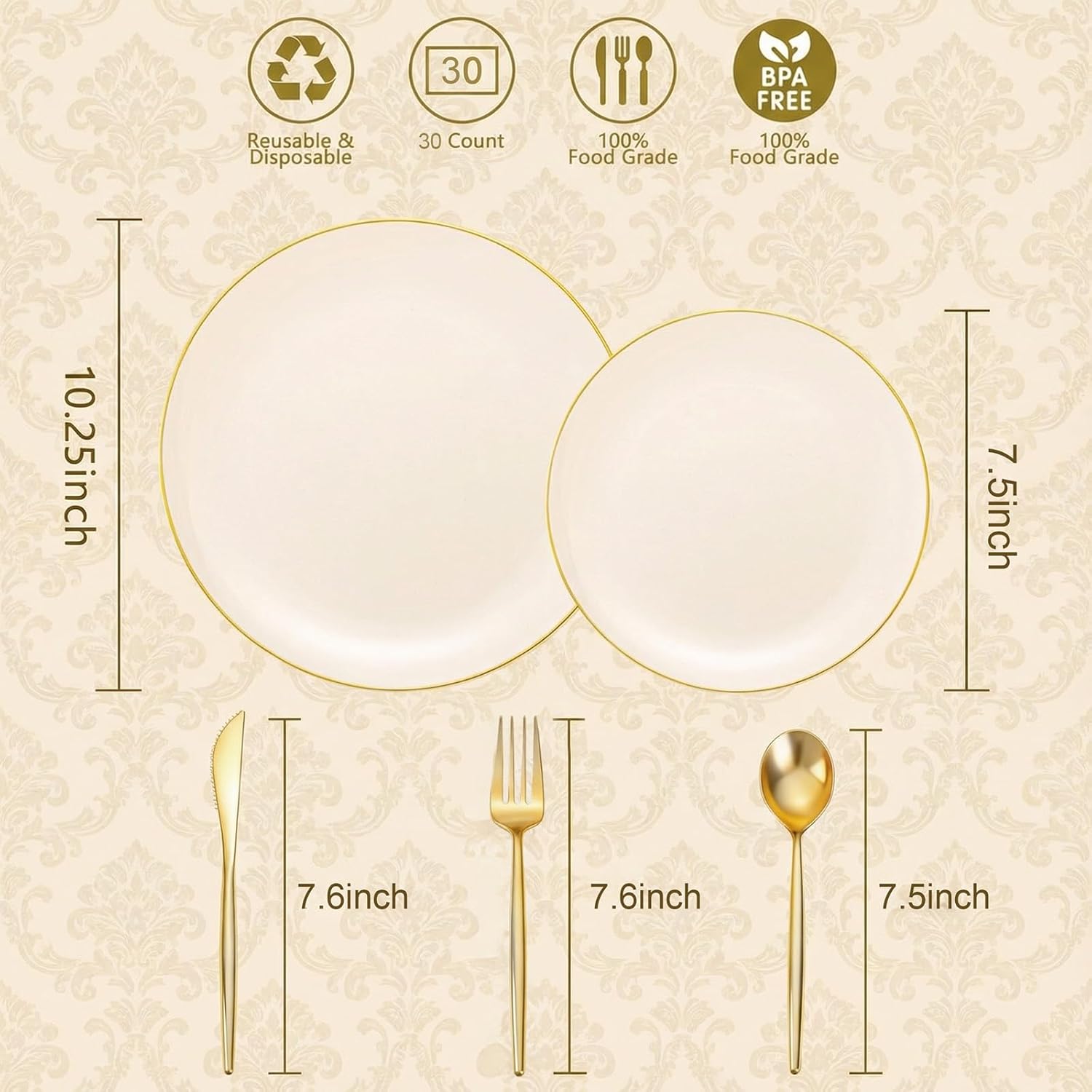 Ivory Plastic Plates with Gold Rim,Nice Disposable plates,Gold Plastic Plates,Ivory Disposable Plates Set include 30 Dinner Plate,30 Dessert Plates