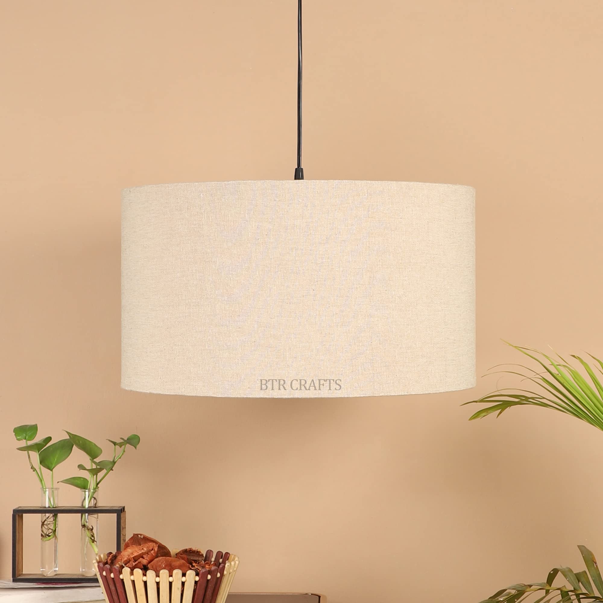 Beige Color Hanging Drum Lamp Shade, Decorative Light Lamp for Living Room, Home, Bedroom, Home Décor Lightning/Silver Canopy (16" inches-picture-22