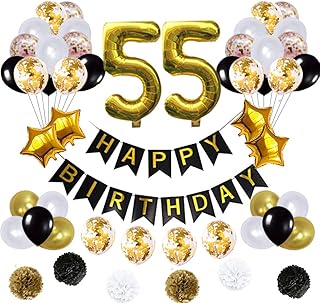 yujiaonly 55 Birthday Decorations Ballons, Happy Birthday Banner/pom pom Flowers/Gold Mylar Balloons/Latex Balloons/Number 55 Foil Ballons/Gold