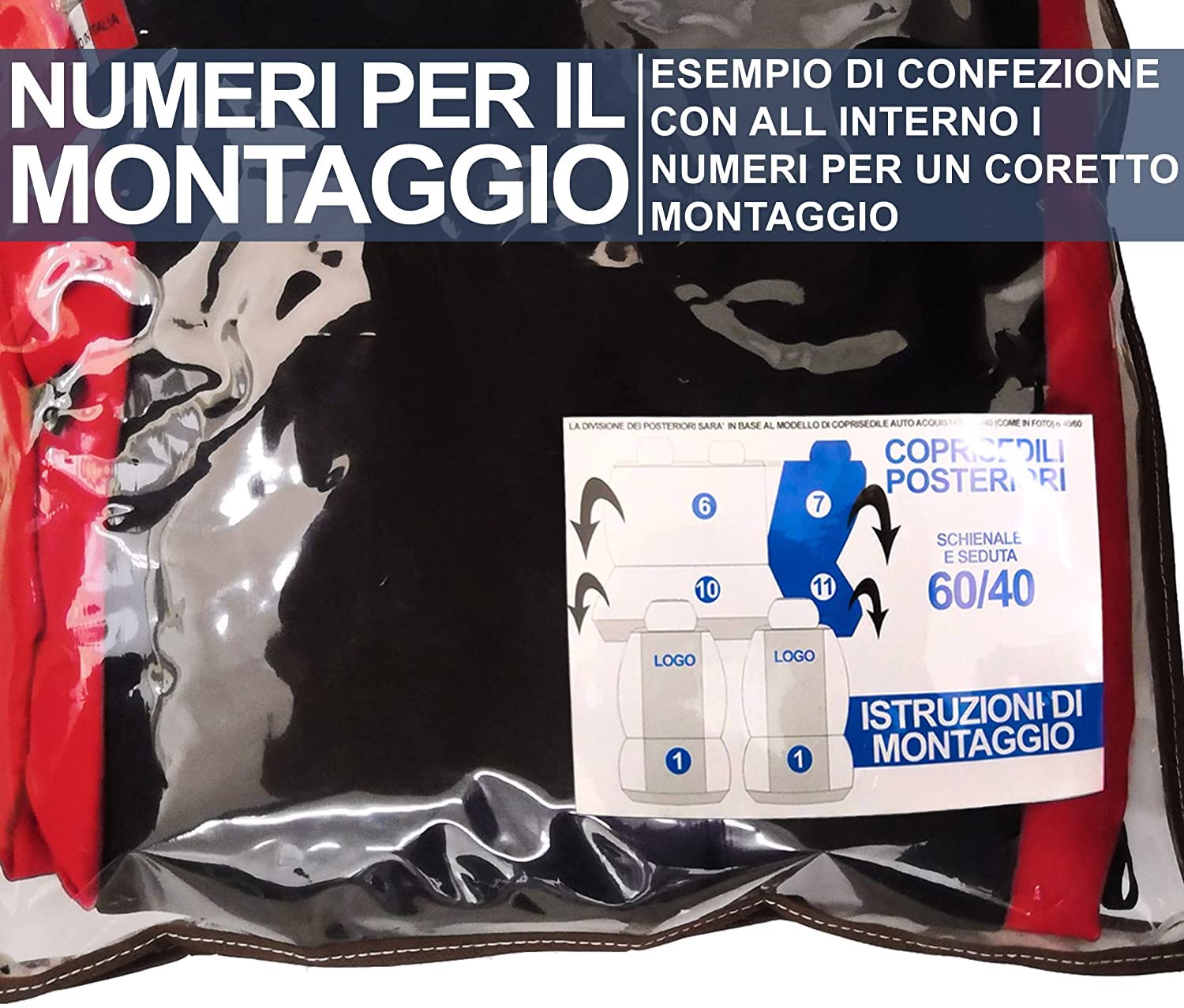 Rebeca Shop® Housses de sièges de voiture compatibles 207 | Fabriqué en Italie | Ensemble de housses de siège avant et arrière | Logo brodé | Compatible avec airbag | Intérieur (Noir/Rouge)