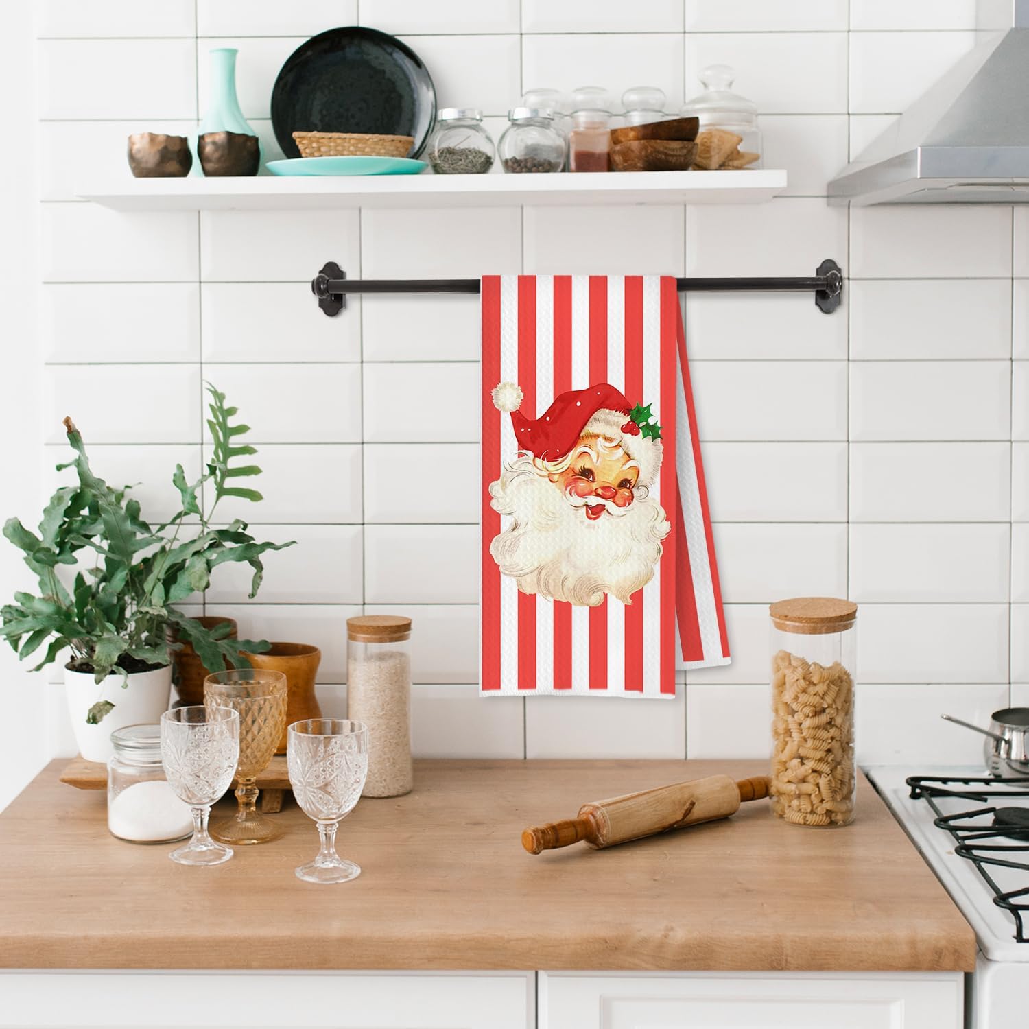 Red Santa Claus Christmas Kitchen Towels, Christmas Santa Decor, Vintage Xmas Holiday Red and White Striped Decorative Dish Tea Hand Towels for Kitchen Bathroom, 16x24 Inch - Image 3