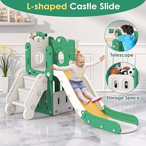 Miniatura 19 de BIERUM 7 in 1 Toddler Slide, L-Shaped Baby Slide for Toddlers Age 1-3 with Basketball Hoop, Ring Toss, Storage Space, Outdoor Indoor Slide Playset