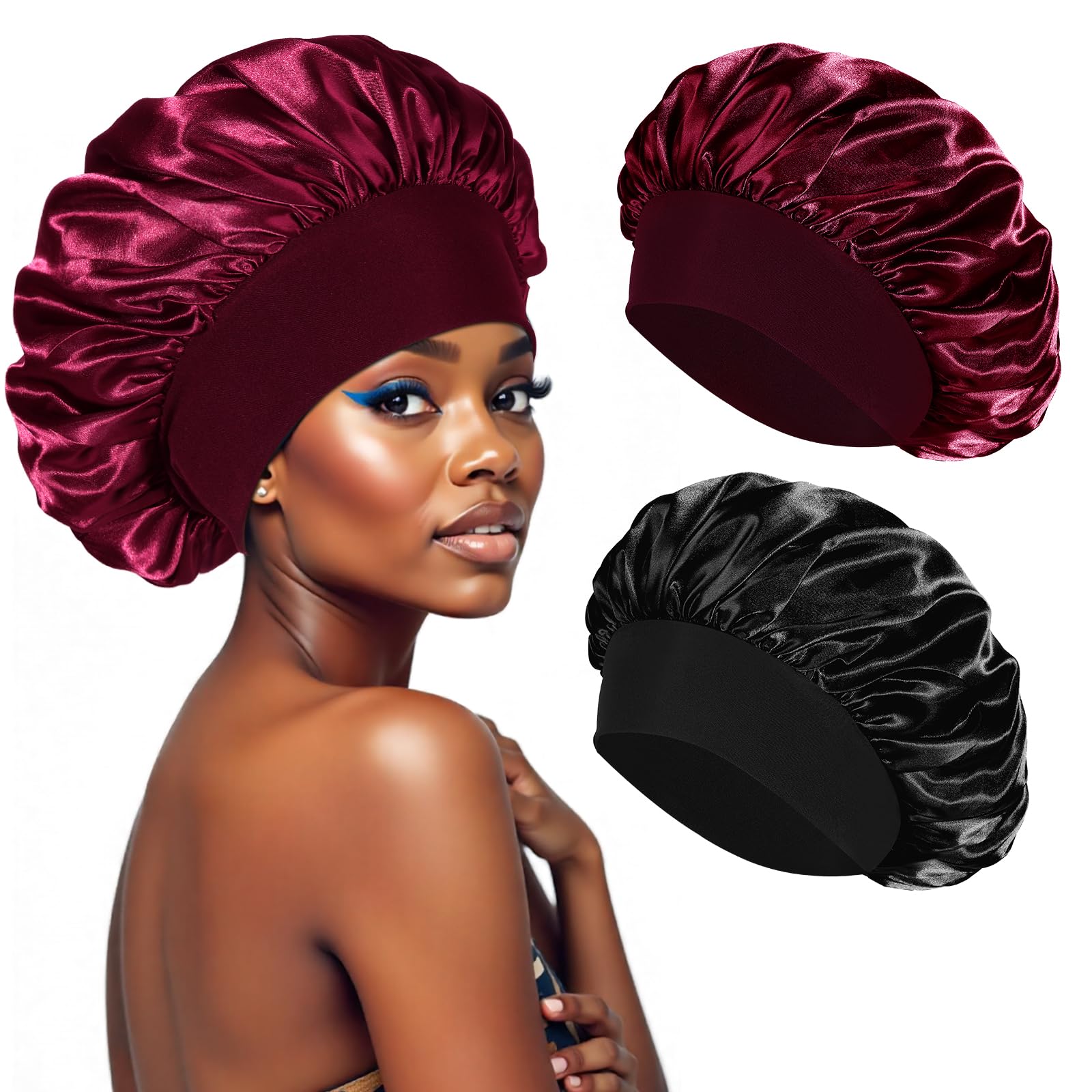 PAEFIU 2 Stück Seidenhaube zum Schlafen, Schlafmütze Weiche Seide Bonnet Satin Haarhaube für Damen Mädchen (Schwarz, Rot)