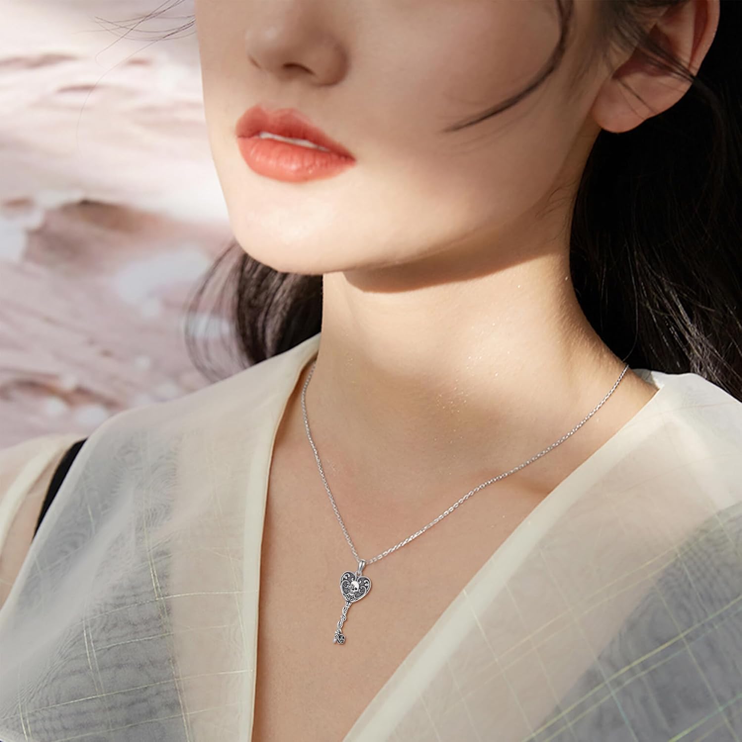 Skull Key Necklace S925 Sterling Silver Vintage Skeleton Pendant Necklace Retro Key Jewelry Gift for Women Lady - Image 6