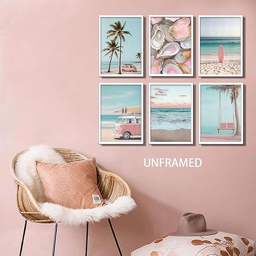 Miniatura 4 de 6 piezas de arte de pared de playa rosa, nieta costera, decoración de pared para habitación de playa, pinturas estéticas temáticas de playa, cuadros