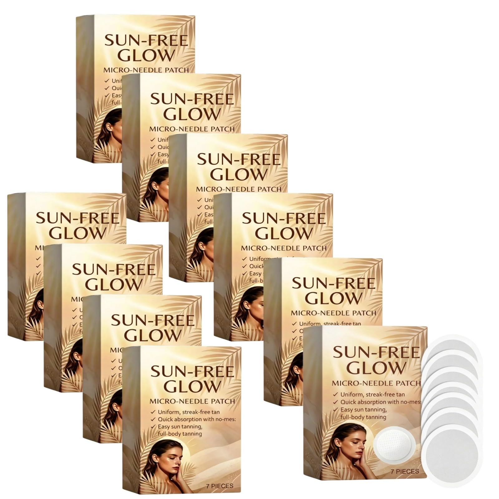 Bräunung ohne Sonne mit Sun-Free Glow Patches, gleichmäßiger Bräunungs-Teint ohne Kratzer. Mikro-Nadeln, für natürlichen Körper, ideal für den Sommer.