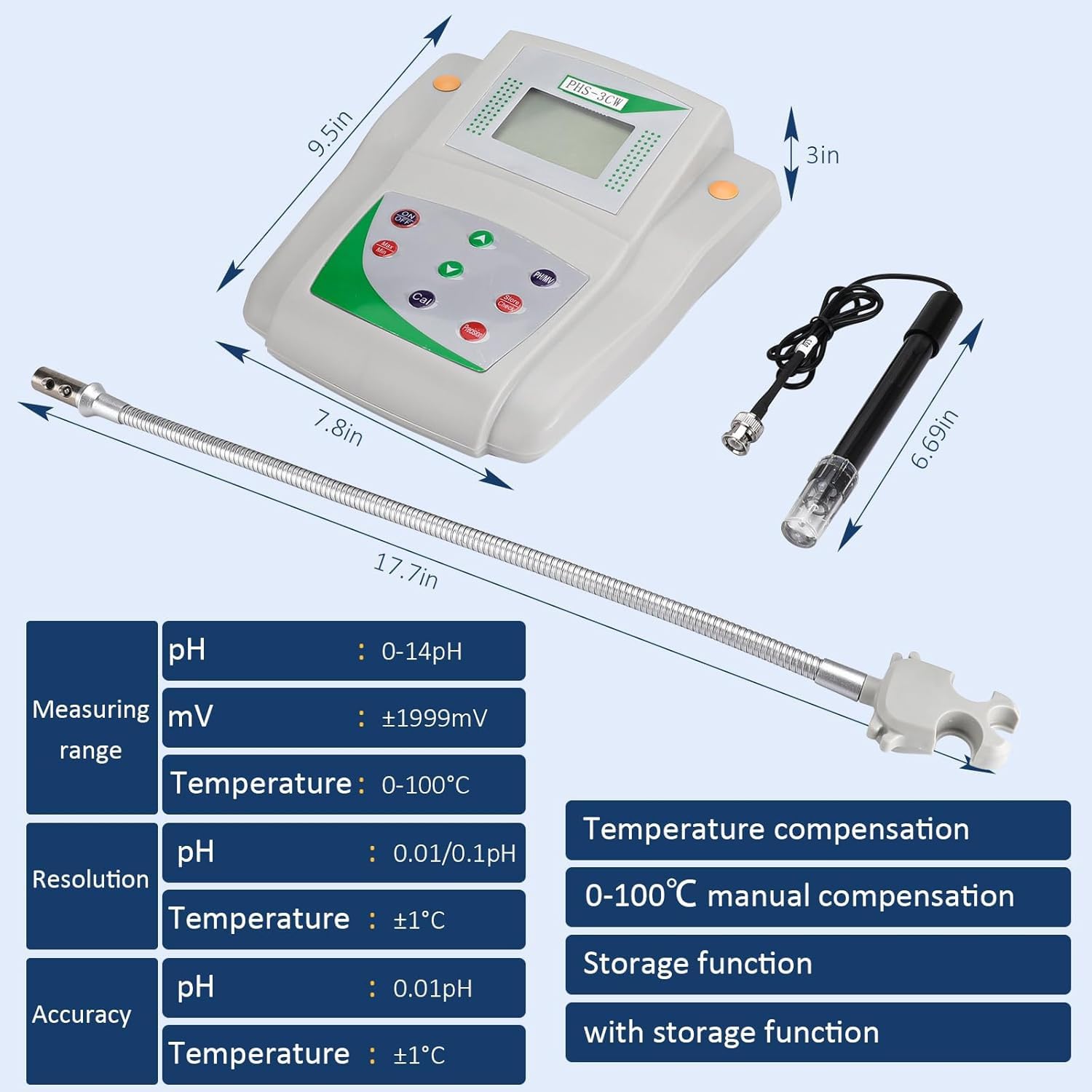 Medidor de pH digital, instrumento de medición de pH 0-14 con compensación de temperatura, almacenamiento de datos, precisión de 0,01, medidor de conductividad de mesa para uso científico