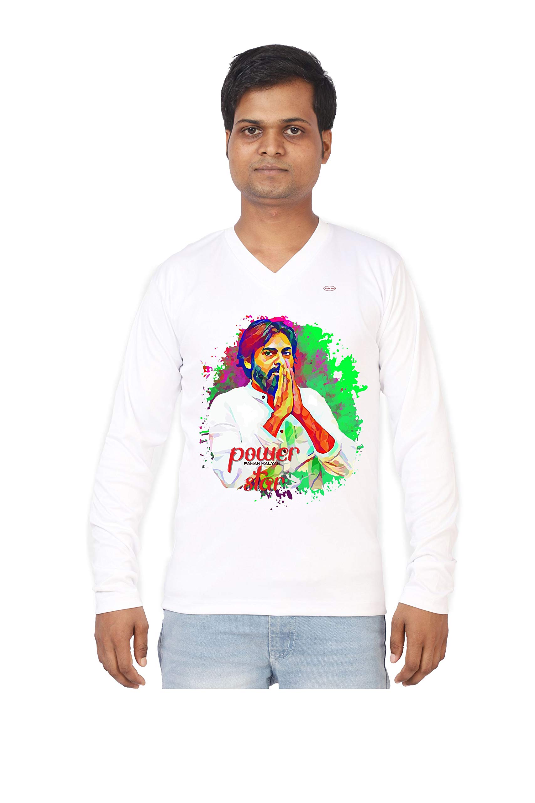 Style EvaWhite Polyester | 232 - Pawan Kalyan | Pawan Kalyan Printed Full Sleeve V Neck T-Shirt