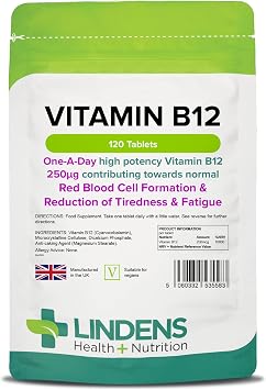 Lindens - Vitamin B12 250mcg, 120 Tablets - 1 a Day, UK Made - Red Blood Cell Formation, Metabolism, Reduction of Tiredness and Fatigue - 10,000% NRV Dose - Letterbox Friendly, Vegan