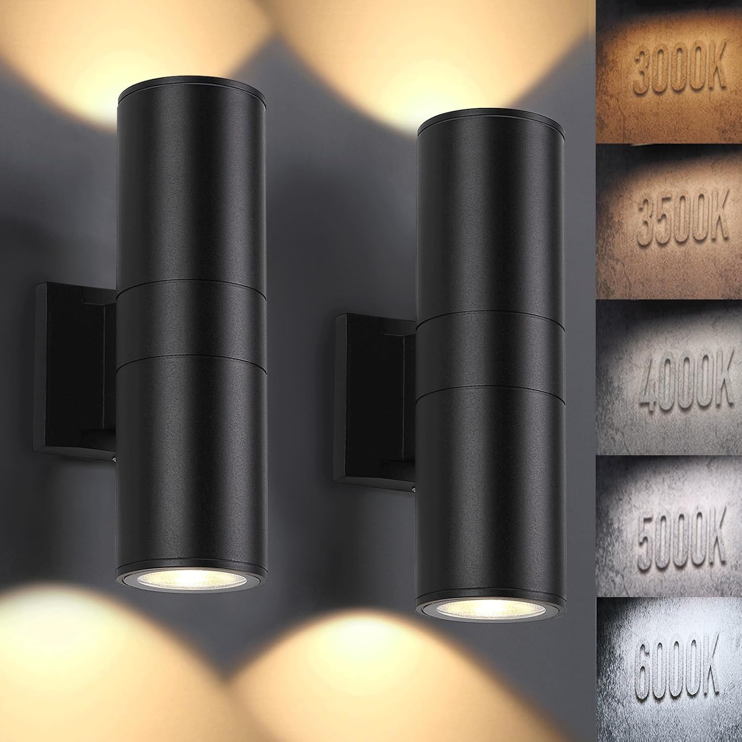 DAKAFUL 5CCT Dimmable Wall Lights Outdoor 2 Packs, 3000K 5000K 6000K Integrated LED Cylinder Up Down Modern Aluminum Light, Waterproof Exterior Light for Porch Patio Door