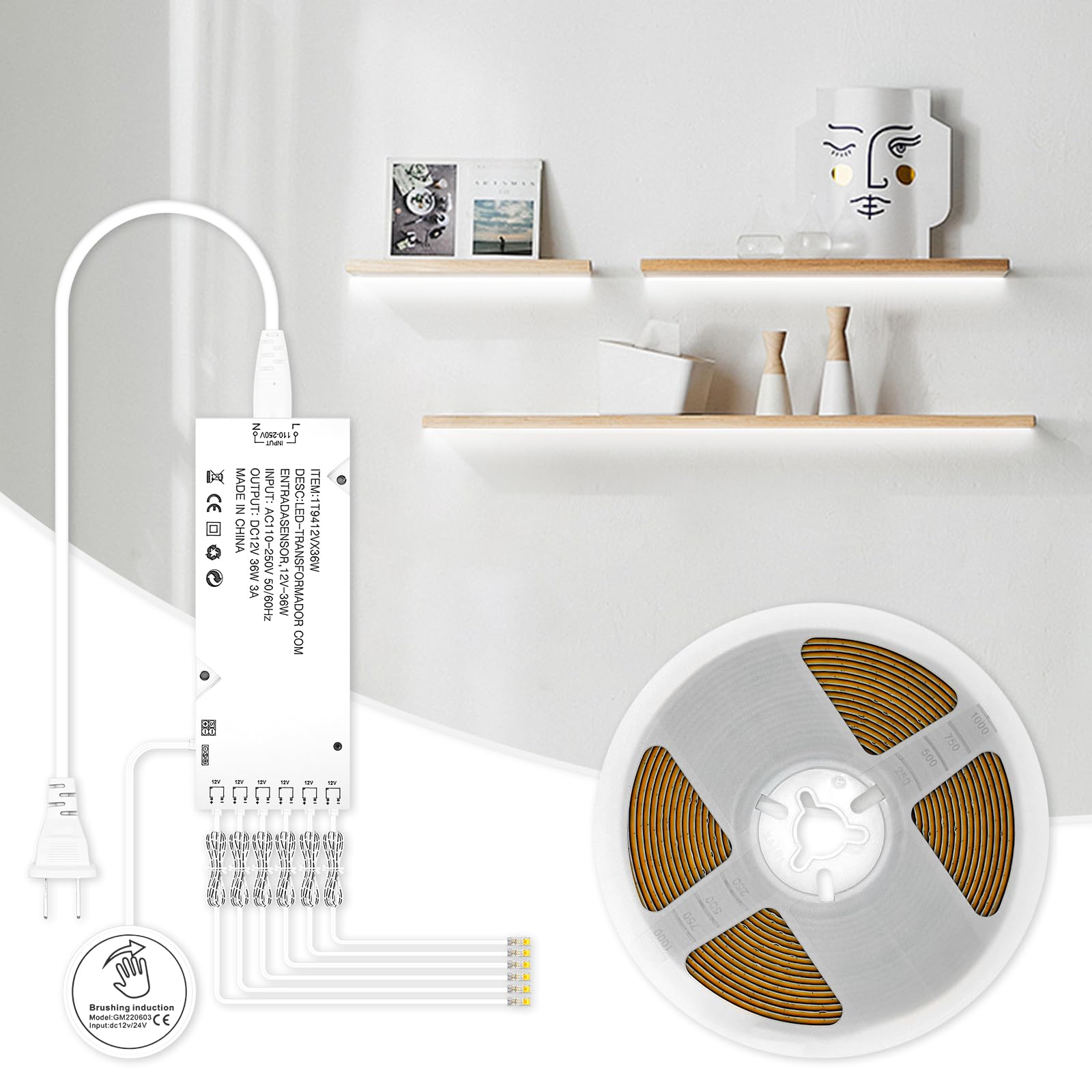 RYE Under Cabinet Led Light Strip kit,16.4ft/5m Cuttable 6500K,6 Outlets Power,Touch Switch&Dimmer,COB Strip for Kitchen Cupboard,Book Shelf,Floating Shelf,Wall Panel,Home Decor [Energy Class A] — image 1