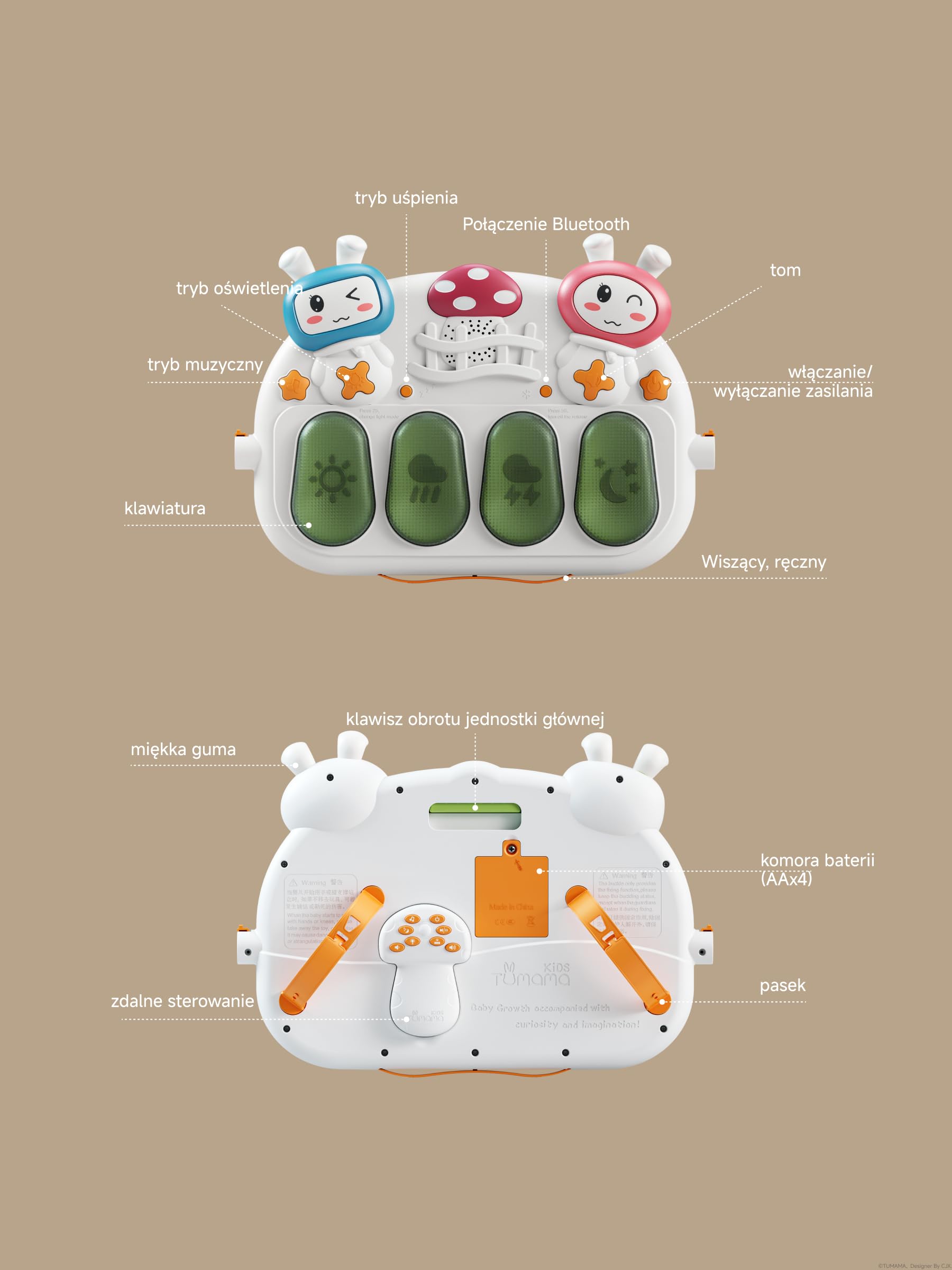 TUMAMA KIDS 4 w 1 Kickin 'Tunes Play Mat z 70+ dźwiękami, 25+ minutami muzyki, Baby Piano Gym Mat Fitness Activity Play Mat z 4 grzecznikami i łukiem, zabawki dla dzieci od 0 1 3 6 8 miesięcy