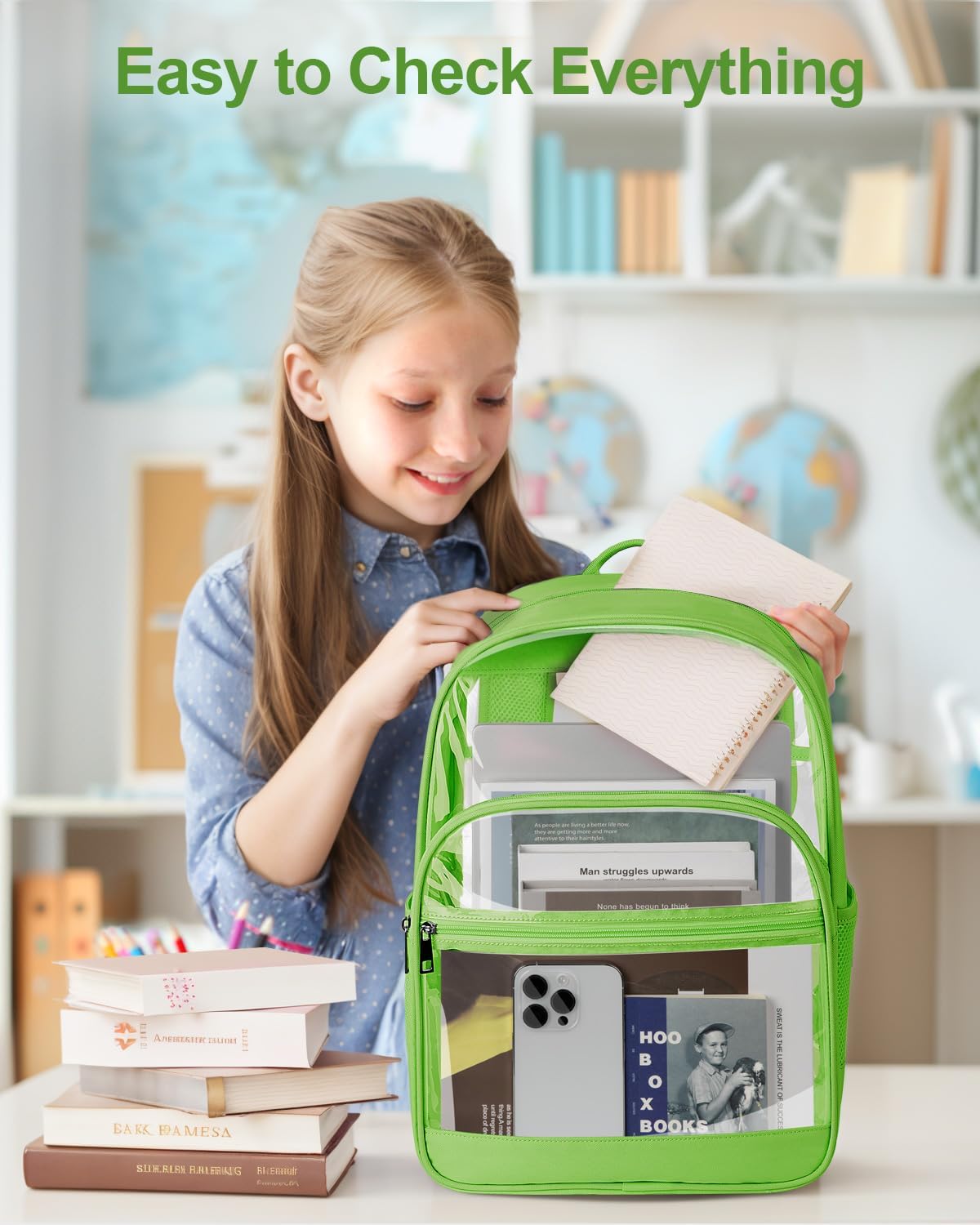 Clear Backpack, Heavy Duty Transparent Bookbag for School, Fabric & PVC Transparent Backpack with Reinforced Strap for Women Men, Capacity Clear Bag for College, Travel, Security, Green - Image 4