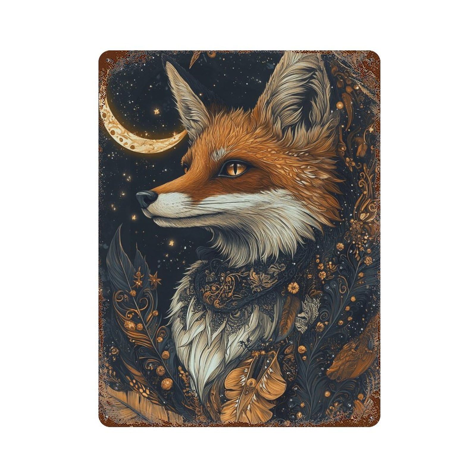 Magical Fox Art Print -3 Rust Effect Tin Sign 15.7"x11.8", Rustic Home Decor for Garage, Bar And Workshop Decor