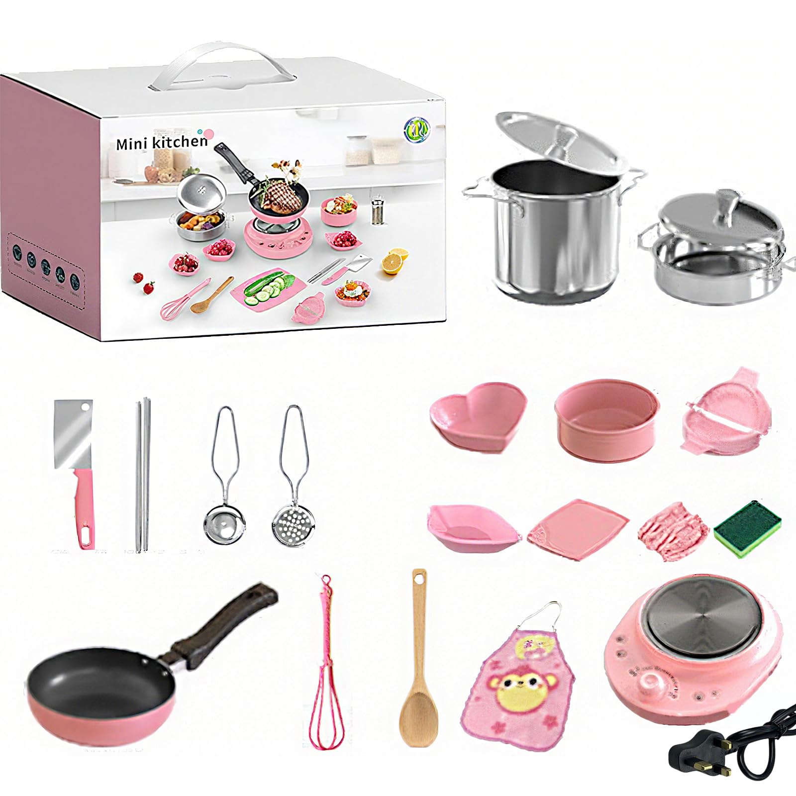 22Pcs Cooking Mini Kitchen Toys, Real easy Bake Cook Set, Pretend Play Pots Pans Accessories Tool or Beginner Cooking Education (pink)