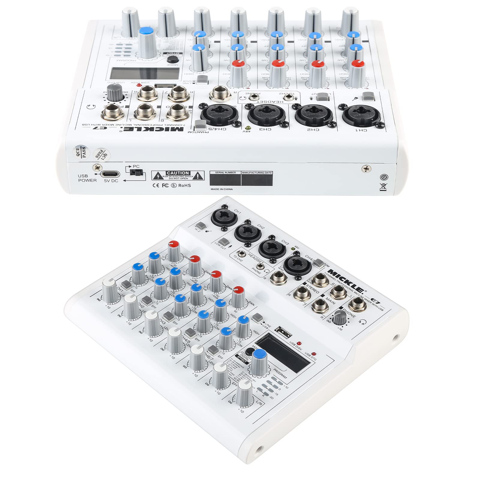 Table de Mixage Audio Console de Mixage Compacte, 7 Canaux Console Son Mixeur Audio DJ Avec 88 Effets DSP Intégrés Et Alimentation Fantôme 48V Partageable Bluetooth ou MP3 avec Interface USB Audio