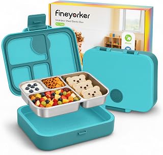 Kids Stainless Steel Bento Lunch Box, 4 Compartments | Leak-Resistant 4 Cups Lunch Container for Ages 4+ with Easy-Open Latch, Removable Seal & Meal Feedback Icon