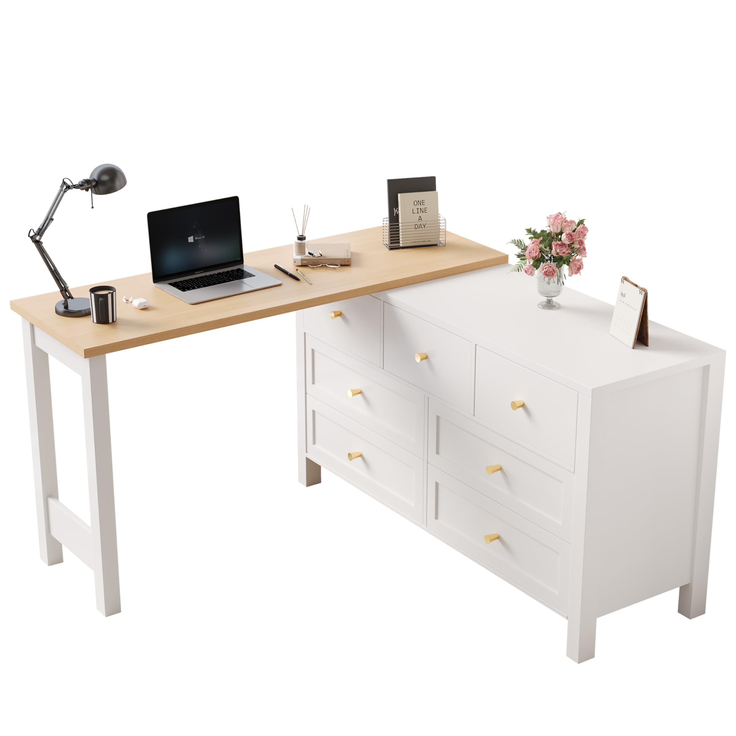 Scrivania con 7 cassetti, 2 in 1, piano girevole e credenza, effetto rovere, piano girevole a 360°, bianco/naturale, scrivania da toeletta, scrivania angolare a forma di L