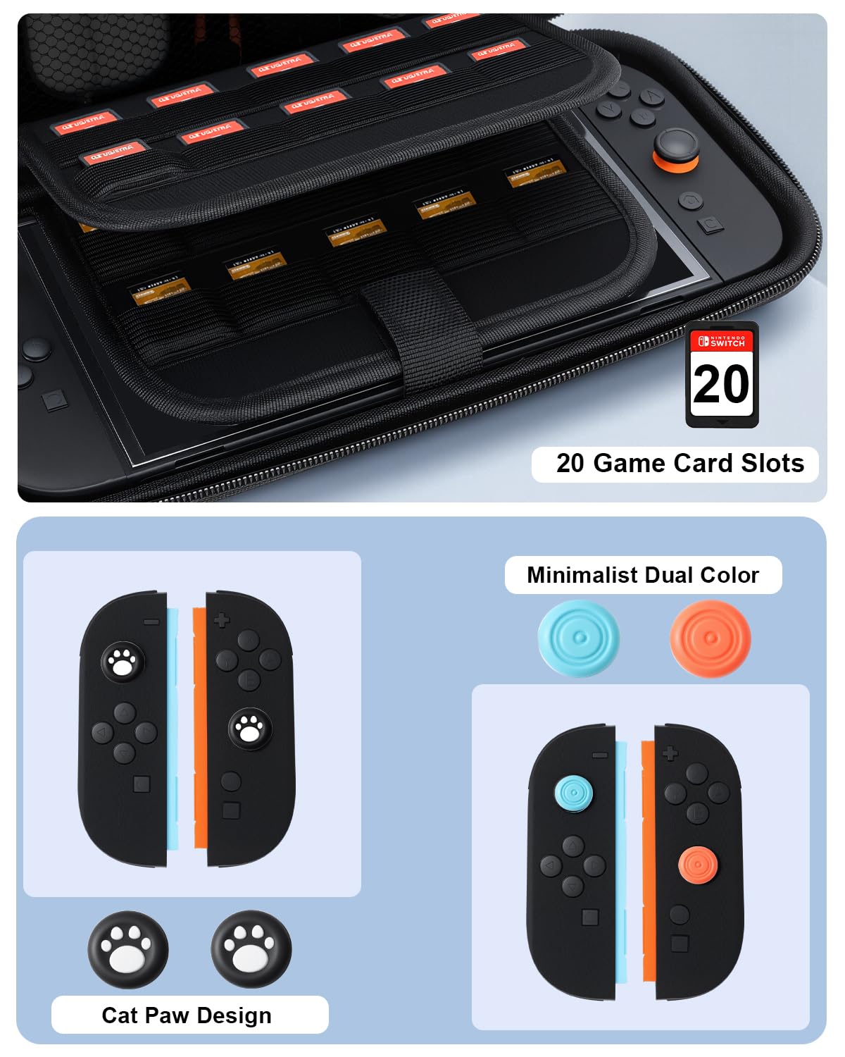 BOCACUE Carrying Case for Nintendo Switch 2(2025), 9 in 1 Accessories Bundle with 2 Screen Protectors, 4 Thumb Grip Caps, Protective Hard Shell Portable Travel Case for Switch2 with 20 Game Cartridges — view 6