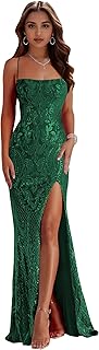 Women's Mermaid Sequin Prom Dresses with Slit Sparkly Spaghetti Straps Long Evening Dress Corset Formal Gown - Buy now