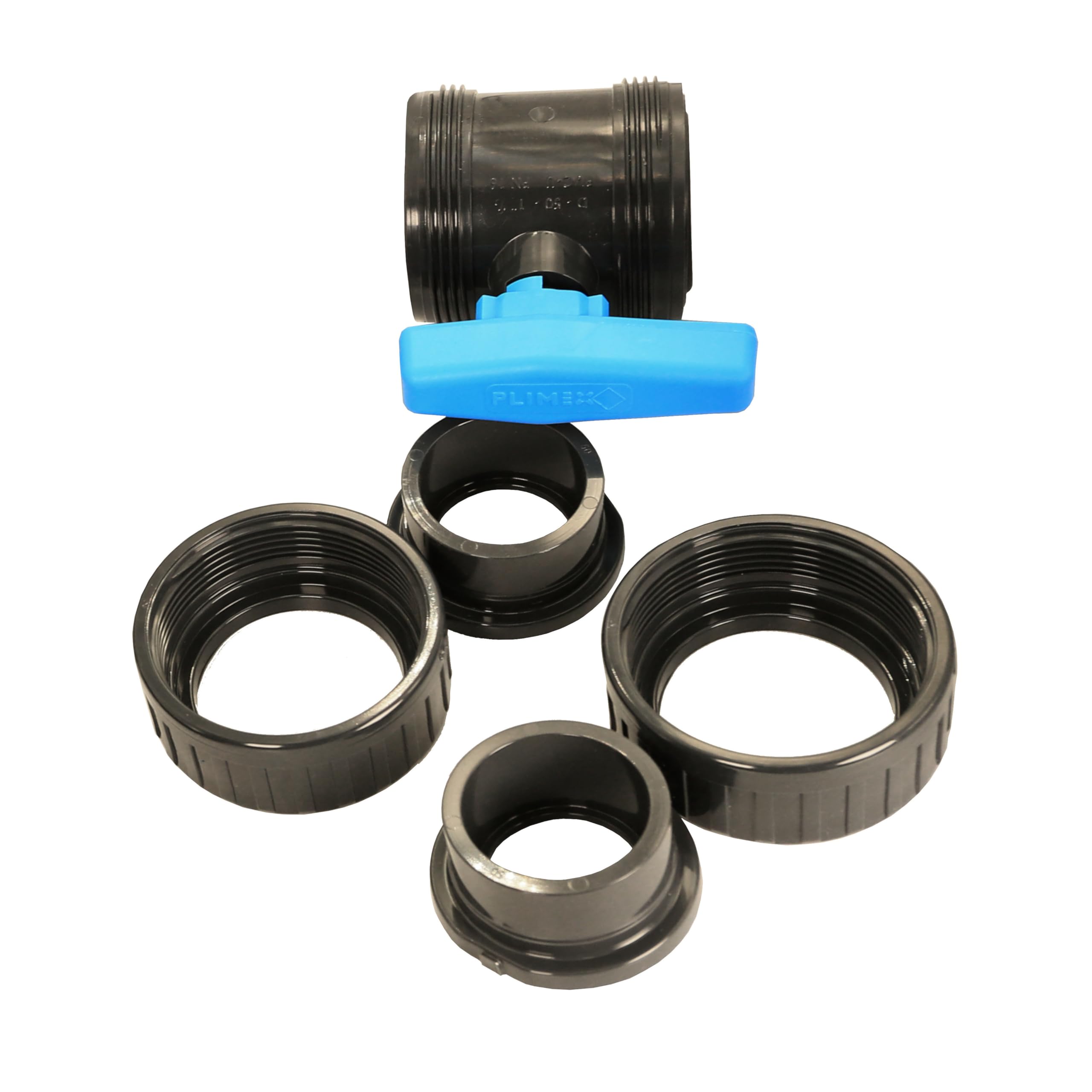 HAF 4X PVC 2 Wege Kugelhahn Blauer Griff mit 50mm x 50mm | Klebemuffe x Klebemuffe | Absperrhahn aus grauem PVC-U | PN16 für Poolfitting, Pool, Schwimmbad, Poolverrohrung, Druckleitung, Rohrleitung