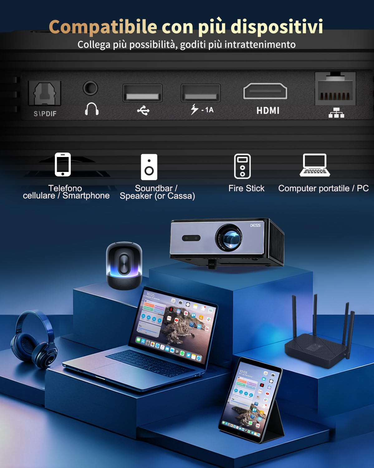 Proiettore 4K intelligente, 1080P nativo Full HD per esterni (giardino/camera da letto), 1200 ANSI, tiro corto, messa a fuoco automatica, correzione Keystone, audio HiFi, WiFi 6, app integrate