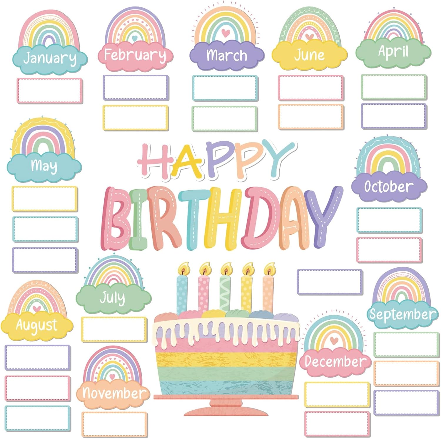 Pastel Rainbow Birthday Bulletin Board Set for Classroom, Includes 12 Monthly Rainbows, Birthday Cake 48 Blank Name Labels with Glue Dots, Birthday Tracker Decor for School Homeschool