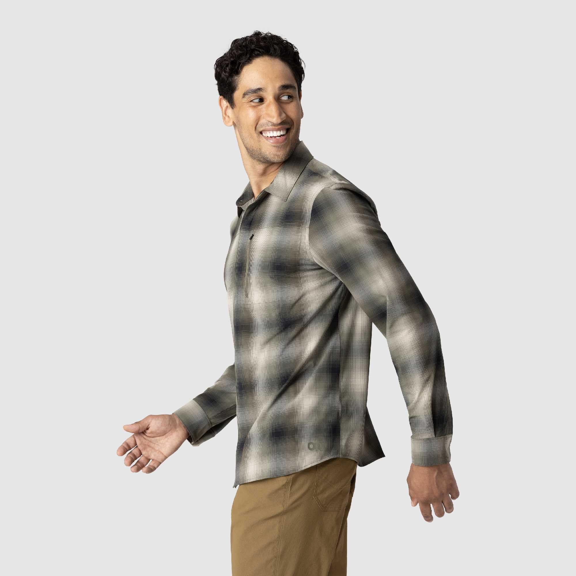 Outdoor Research Astroman - Camisa de sol de manga larga para hombre, ligera, UPF 30+, cierre de presión, transpirable y elástico