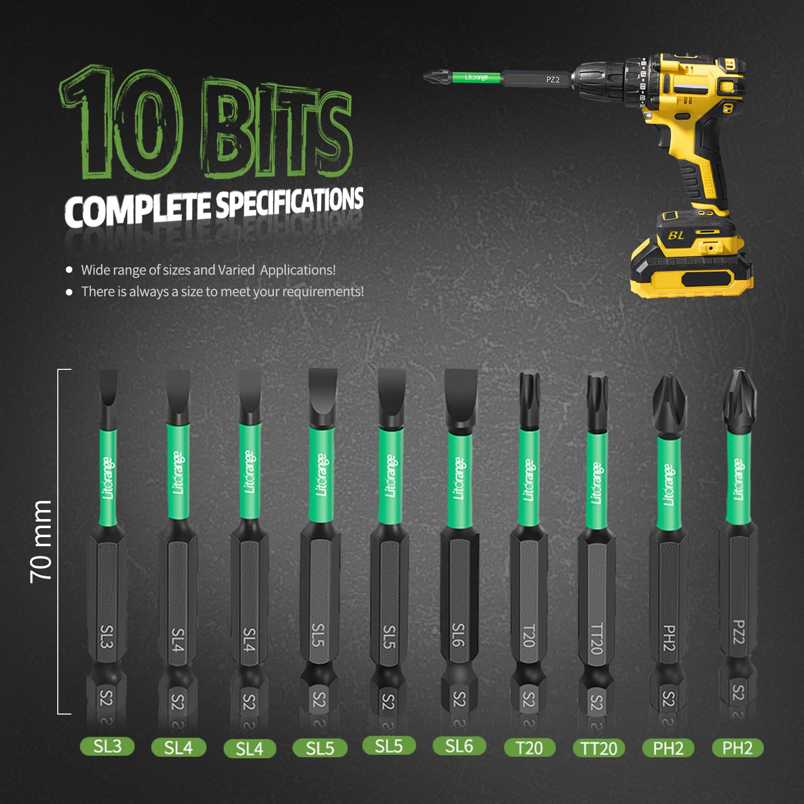 Litorange 10 PCS 70 mm Slot Long Impact Driver Bits, Flat Head Screwdrivers with Strong Magnetic Head, 1/4 Inch Hex Shank - Image 2