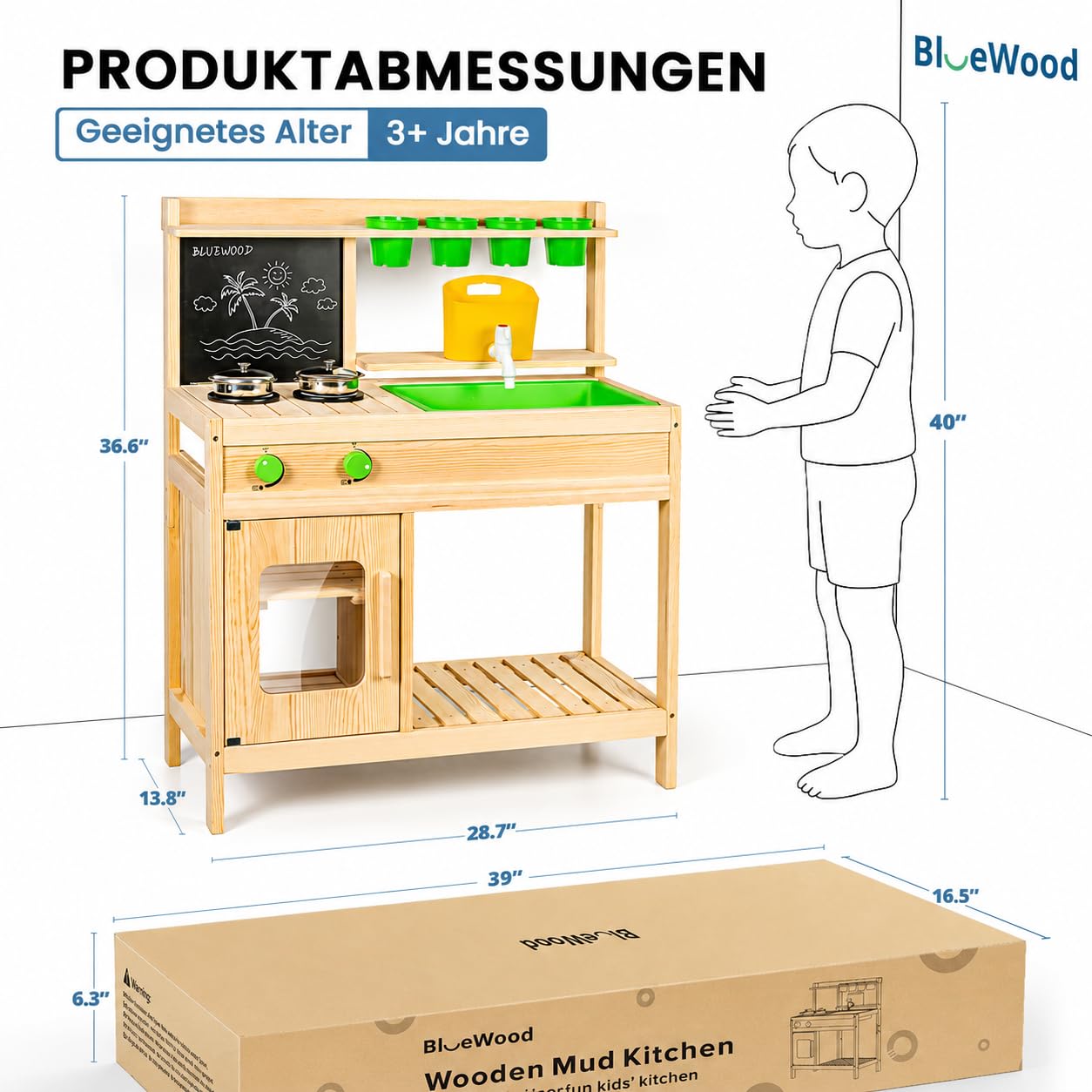 Cocina de Juguete de Madera para Niños | Cocina Exterior Infantil BlueWood | Grifo Funcional, Fregadero Grande, Estantes y Accesorios | Juego Educativo al Aire Libre