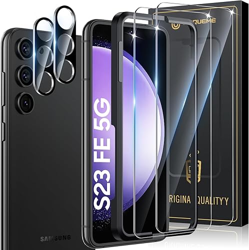 UniqueMe Paquete de 2+2 protectores de pantalla para Samsung Galaxy S23 FE 5G, dureza de los diamantes vidrio templado y protector de lente de