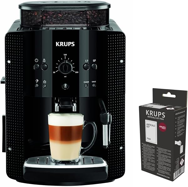 Krups Essential, Cafetera Superautomática + Kit descalcificación, Deposito de agua de 1,7 L, Panel de control fácil de usar, Molinillo cónico con 3 ajustes de molienda, Espumador de leche, EA8108OM - 1